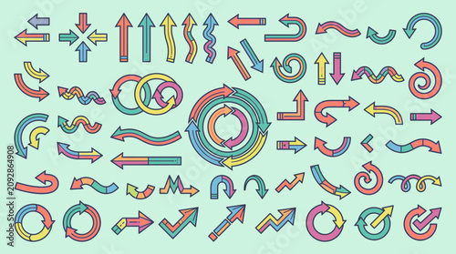 Conjunto abrangente de setas coloridas desenhadas à mão em estilo doodle, apresentando várias direções, formas curvas, espirais e padrões de fluxo para design gráfico e infográficos.