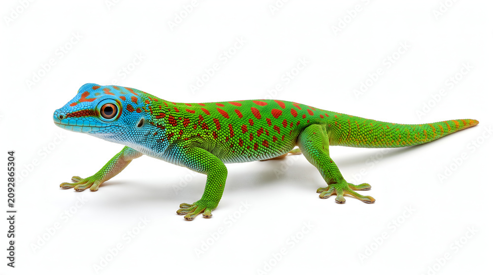 Fototapeta premium Ornate day gecko showing vibrant green and blue skin on white
