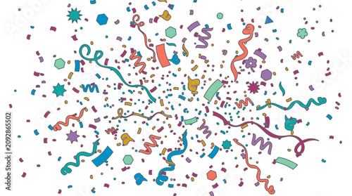 Buntes Konfetti und Luftschlangen in verschiedenen Formen und Farben auf weißem Hintergrund für festliche Anlässe wie Geburtstage, Jubiläen oder Silvesterfeiern.