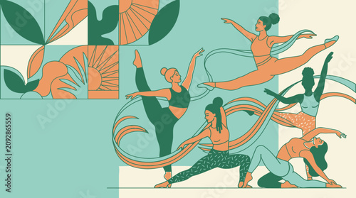 Eine moderne flache Illustration mit einer Gruppe von Frauen, die Yoga und Tanz praktizieren, umgeben von abstrakten organischen Formen und floralen Mustern in einer harmonischen Farbpalette.