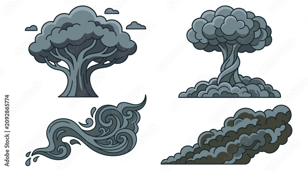 Obraz premium Ensemble d'illustrations vectorielles de nuages de fumée stylisés, de panaches de pollution et de formes de vapeur abstraites sur un fond blanc isolé pour des projets de design graphique.