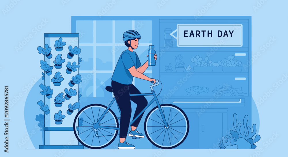 Fototapeta premium Person riding bicycle on Earth Day with plants.