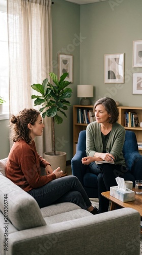 Therapist and patient talking in a comfortable office setting with a plant and bookshelf