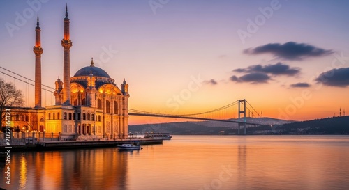 Ortakoy Mosque at Sunset with Bosphorus Bridge.
