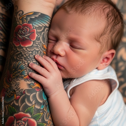 Newborn Baby Sleeping on Tattooed Arm with Roses.