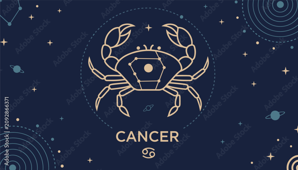 Fototapeta premium Astrology chart illustration features the Cancer zodiac sign represented by a stylized crab set against a dark blue background with stars.