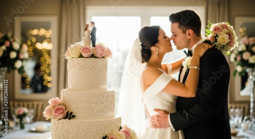 Newlyweds cutting their elegant wedding cake together.