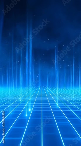 Neon blue digital grid perspective with light pillars, virtual reality environment, cyber space travel, data flow, futuristic background