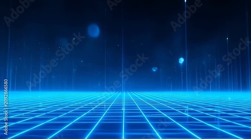 Neon blue digital grid floor with rising light particles and motion lines, cyber network, virtual reality, metaverse background