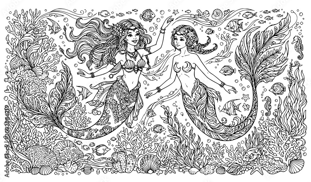 Obraz premium Two beautiful mermaids swimming underwater with coral reef fish seahorses and seashells detailed black and white line art coloring page