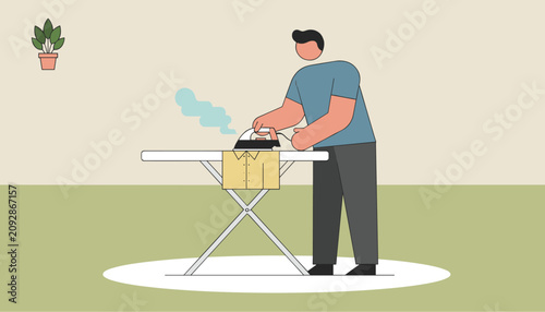 Man focuses on his household chores as he irons a yellow collared shirt on a folding board with steam rising from the hot electric appliance.