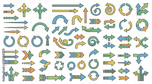 Eine umfangreiche Sammlung von bunten Vektorpfeilen in verschiedenen Formen und Richtungen, ideal für Navigation, Design und grafische Benutzeroberflächen.