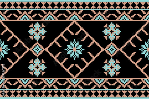 seamless knitted pattern
A geometric design inspired by folk art, featuring a floral motif in blue and beige tones. It is framed by a wavy border at the top and bottom, set against a black background.