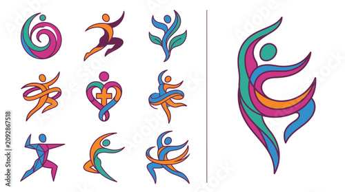 Eine Sammlung von farbenfrohen, stilisierten menschlichen Figuren, die Bewegung, Gesundheit und Gemeinschaft in abstrakten Formen darstellen, ideal für Logos und Design.