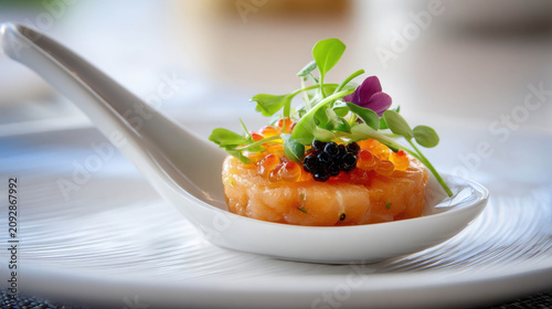 Gourmet salmon tartare served on a delicate white spoon, garnished with fresh herbs, microgreens, and a vibrant purple flower. This appetizer is a celebration of fine dining and exquisite taste