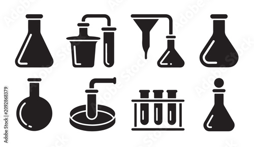 Fényképezés Chemical distillation and filtration apparatus icons with test tubes in laboratory rack