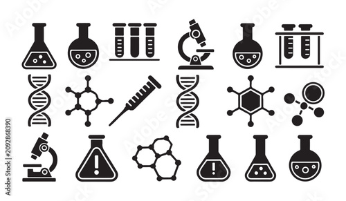 Tableau sur toile Biochemistry and molecular biology icons including warning signs and laboratory glassware