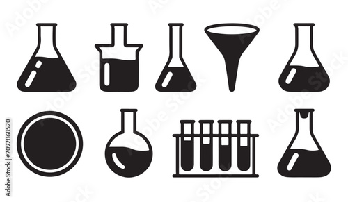 Chemistry laboratory tools and science equipment set vector icons.