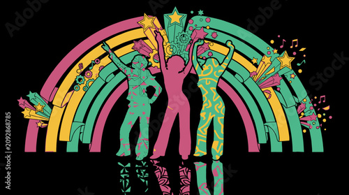 Drei tanzende Silhouetten vor einem bunten Regenbogen mit Sternen und Musiknoten, die Freude und Feierlichkeit ausstrahlen.