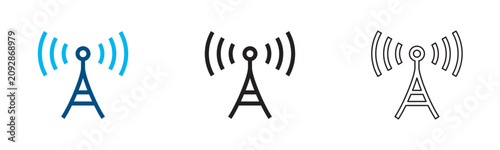 Signal tower icon set. Radio broadcasting antenna. Wireless telecom transmission concepts. Cellular network wave icons. Connection transmitter indicators.