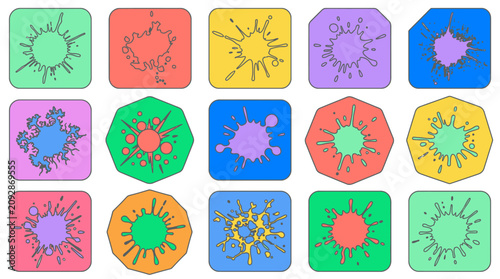 Eine Sammlung von bunten, geometrischen Symbolen mit abstrakten Tintenklecksen und Spritzern in verschiedenen Formen, isoliert auf einem weißen Hintergrund für grafische Designs.