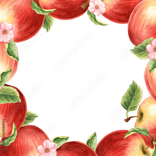 Red apples with leaves and flower watercolor card template. Fruits background hand drawn illustration for healthy eating design. Organic food for packaging jam, skincare, home textile, greeting card.