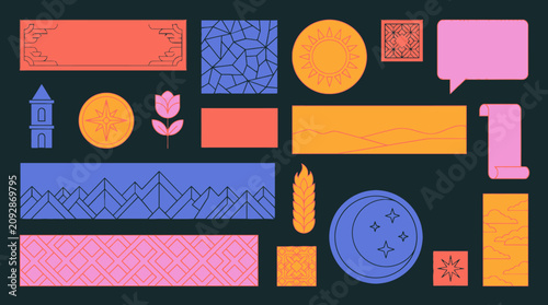 Eine Sammlung von flachen, minimalistischen Vektorelementen mit geometrischen Mustern, Symbolen wie Sonne, Mond, Bergen und Blumen auf einem dunklen Hintergrund für modernes Design.