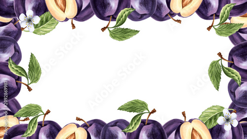 Blue plums with leaves and flower watercolor card template. Fruits background hand drawn illustration for healthy eating design. Organic food for packaging jam, skincare, home textile, greeting card.
