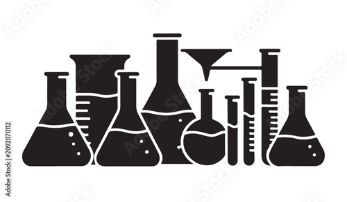 Black silhouette collection of various chemistry laboratory glassware for science study.
