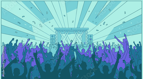 Vibrante ilustración de una multitud eufórica bailando y celebrando con los brazos en alto frente a un escenario iluminado en un emocionante concierto de música en vivo.