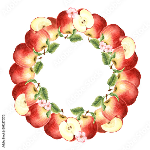 Red apples with leaves and flower watercolor frame wreath. Fruits border hand drawn illustration for healthy eating design. Organic food for packaging jam, skincare, textile, greeting card, sticker.