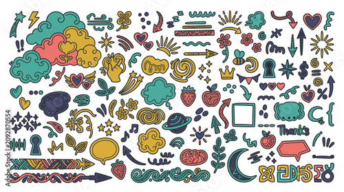 Eine umfangreiche Sammlung handgezeichneter Doodle-Elemente mit Symbolen wie Herzen, Sternen, Pfeilen, Wolken, Pflanzen und dekorativen Mustern auf weißem Hintergrund.