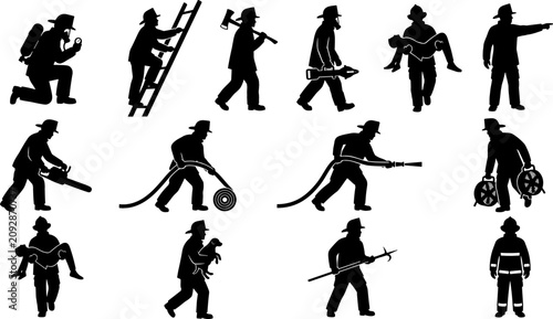 Cuadro en lienzo Firefighter Silhouette Icon Set with Firemen Holding Hose Climbing Ladder Carryi