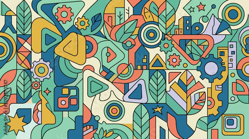 Abstrakte bunte Muster mit geometrischen Formen, Blättern und Zahnrädern, die ein organisches und industrielles Design darstellen.