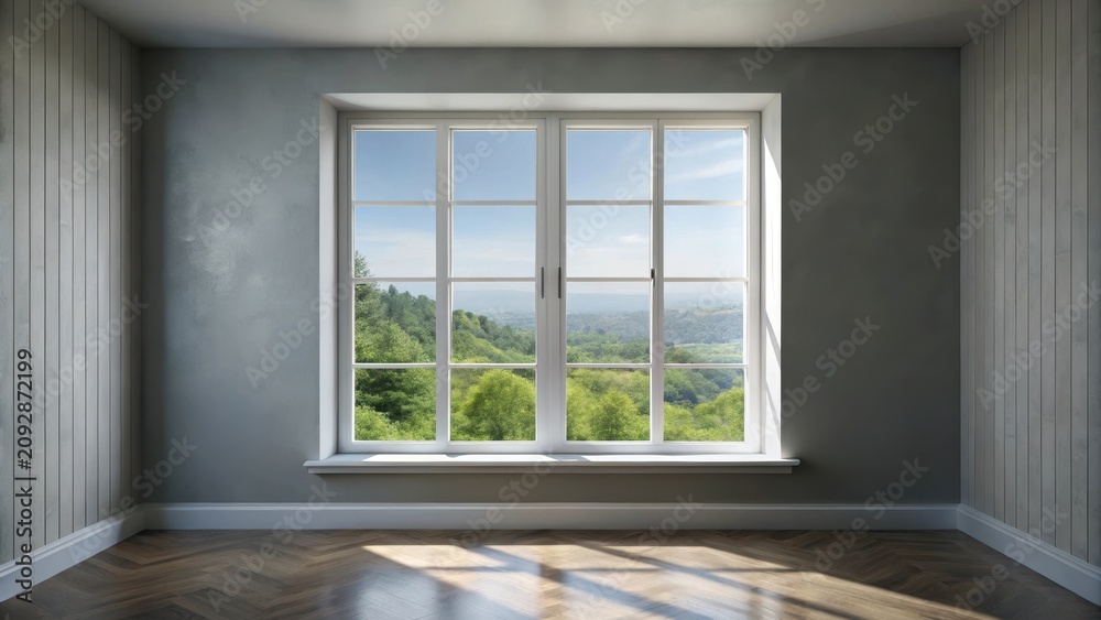 Obraz premium White window in empty room with heating and gray walls beautiful view from the window of the home