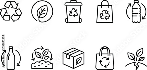 Cuadro en lienzo Recycling and ecological conservation icons linear style on a white background r