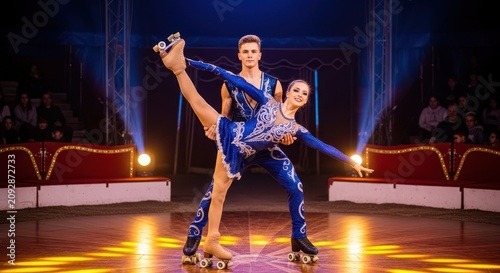 Elegant roller dance performance on stage with dramatic lighting.