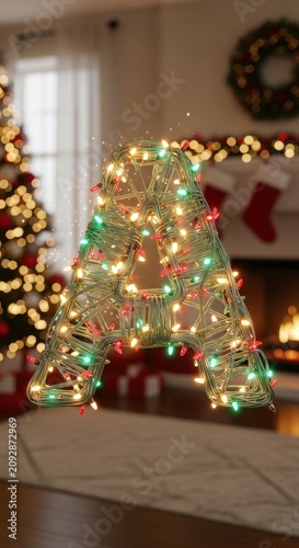 Festive Christmas tree with glowing lights by fireplace.