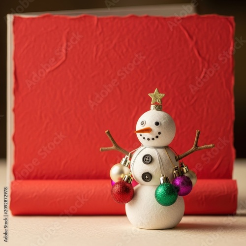 Festive Snowman Figurine with Christmas Decorations on Red Card.