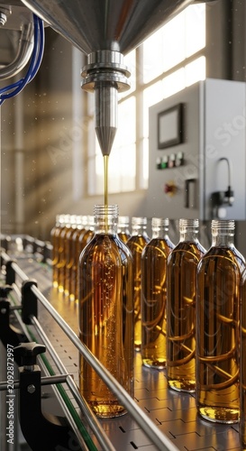 Automated Bottling Line Filling Golden Liquid in Factory.