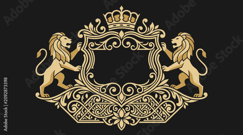 Elegante stemma araldico con due leoni dorati che sostengono uno scudo ornamentale sormontato da una corona reale su sfondo nero, perfetto per loghi di lusso e design istituzionale.