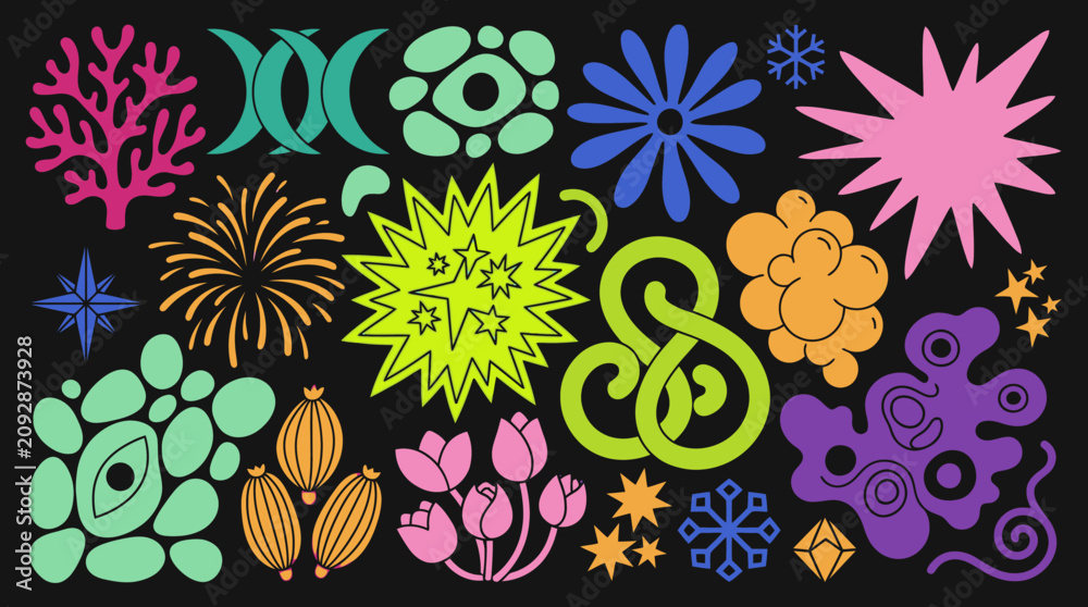 Fototapeta premium Zestaw kolorowych, abstrakcyjnych kształtów i symboli w stylu doodle na czarnym tle, zawierający kwiaty, gwiazdy, koralowce oraz geometryczne wzory w żywej palecie barw.
