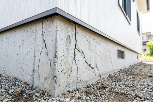 日本の住宅基礎コンクリートのひび割れ、クラックと不同沈下の住宅診断イメージ、劣化診断・耐震補強・ホームインスペクション