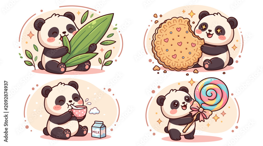 Fototapeta premium Set of cute cartoon pandas eating snacks and treats.