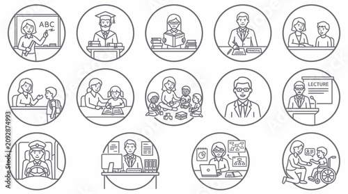 Set of education and school themed icons in hand drawn style.