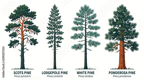 Set of four distinct pine tree species illustrated with labels and botanical names.