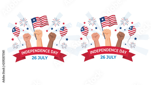Liberia Independence Day celebration vector, 26 July national holiday banner with raised fists and flags, Liberian patriotic event graphics isolated on White Background