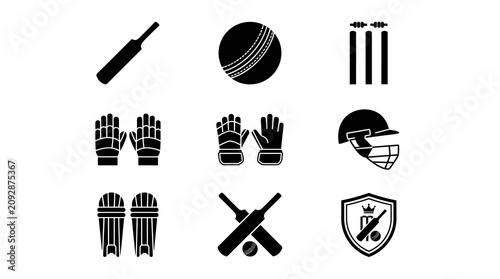 Obraz na plátně Cricket equipment icon set with black bat ball and wicket vector illustration is