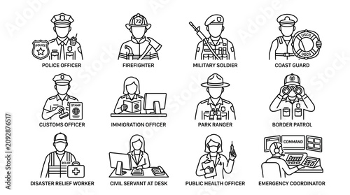 Set of line art icons depicting various government and public service professionals.