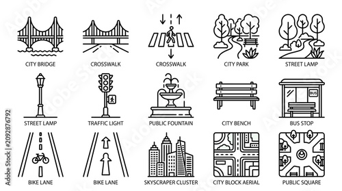 Collection of urban infrastructure and city life thin line vector icons.
